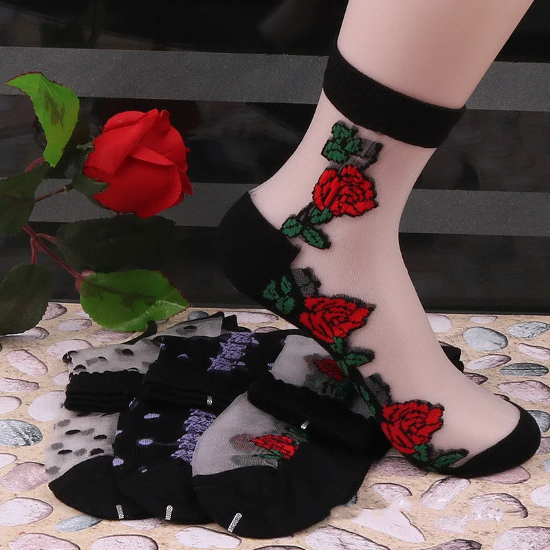 

Женские летние прозрачные носки, эластичные короткие тонкие ультратонкие носки до щиколотки с вышивкой и цветами, эластичные уличные носки...