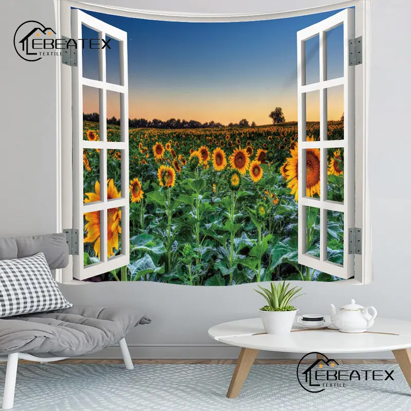 

Window Scene Tapestry Sky Seascape Coconut Trees Forest Sunflower Living Room Decoration Wall Hanging Decor Home Tapestry Hippie