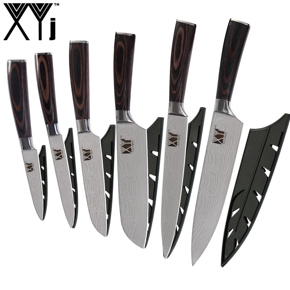 

XYj Professional Knives Set 6Pcs Japanese Stainless Steel Laser Damascus Pattern Sharp Chef Slicing Santoku Utility Paring Knife