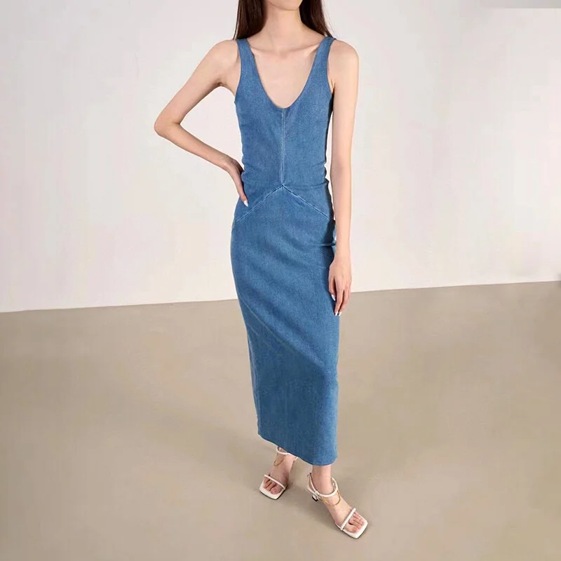 Women Midi Robe Sleeveless Denim Casual Camisole Dress
Women Midi Robe Sleeveless Denim Casual Camisole Dress
