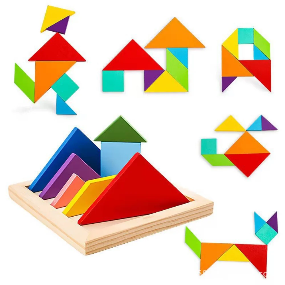 

Montessori Wooden Jigsaw Puzzle Tangram 7 Piece Colorful Puzzle Square IQ Game Brain Teaser Intelligent Education Toys for Kids