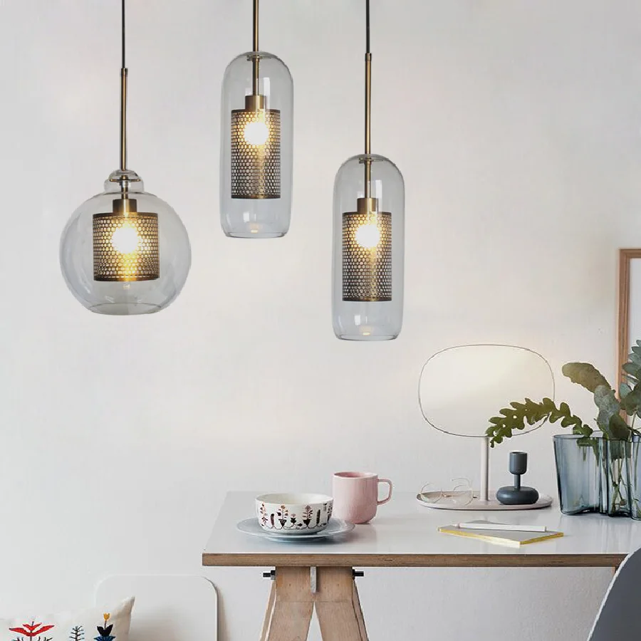 

Modern Glass Ball Hanging Lamps Fixture Luminaire Loft Golden Metal Grid Dining Room Kitchen Pendant Light Cafe Bar Home Decor