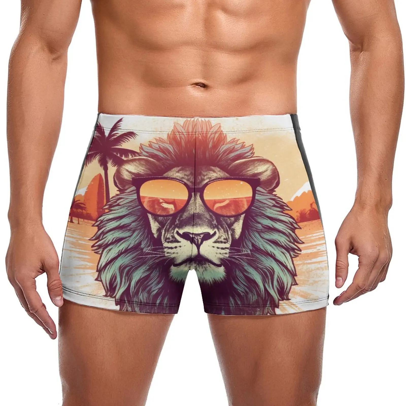 

Плавательные плавки с изображением Льва, солнцезащитные очки с изображением животных, закат, трендовые плавки в стиле ретро для бассейна, мужской купальник пуш-ап