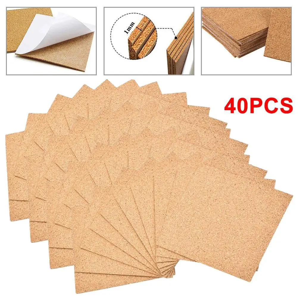 

40Pcs Natural Cork Coasters Square Cork Mat Wine Drink Coffee Tea Cup Mat Self-Adhesive DIY Backing Sheet For Home Kitchen Bar