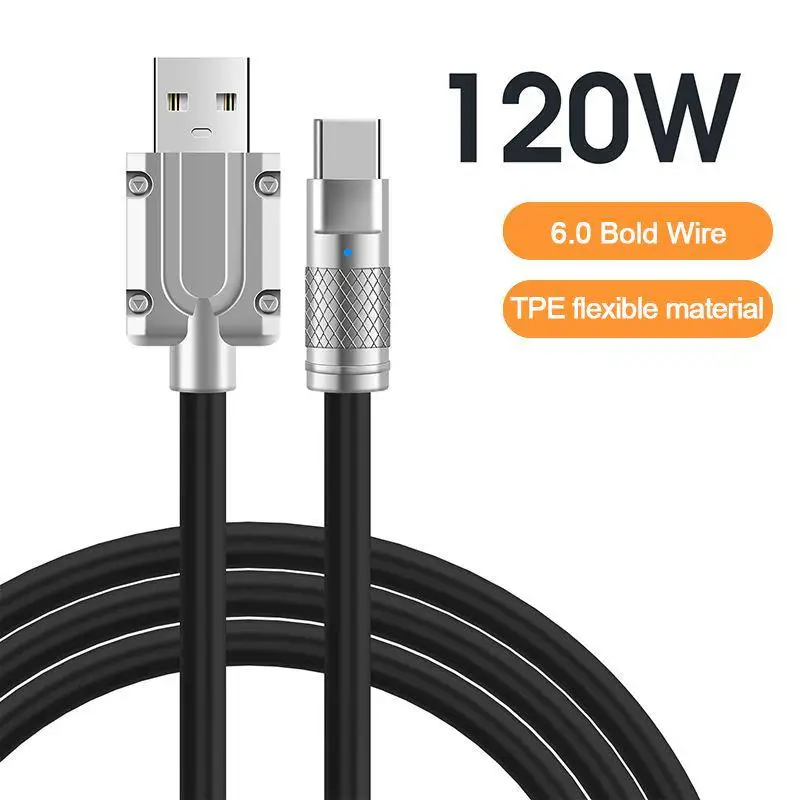 

2m Type C Charging Cable 120w Zinc Alloy Fast Charging TPE Flexible Material Bold Wire For Huawei/Samsung/Apple Phone Data Line