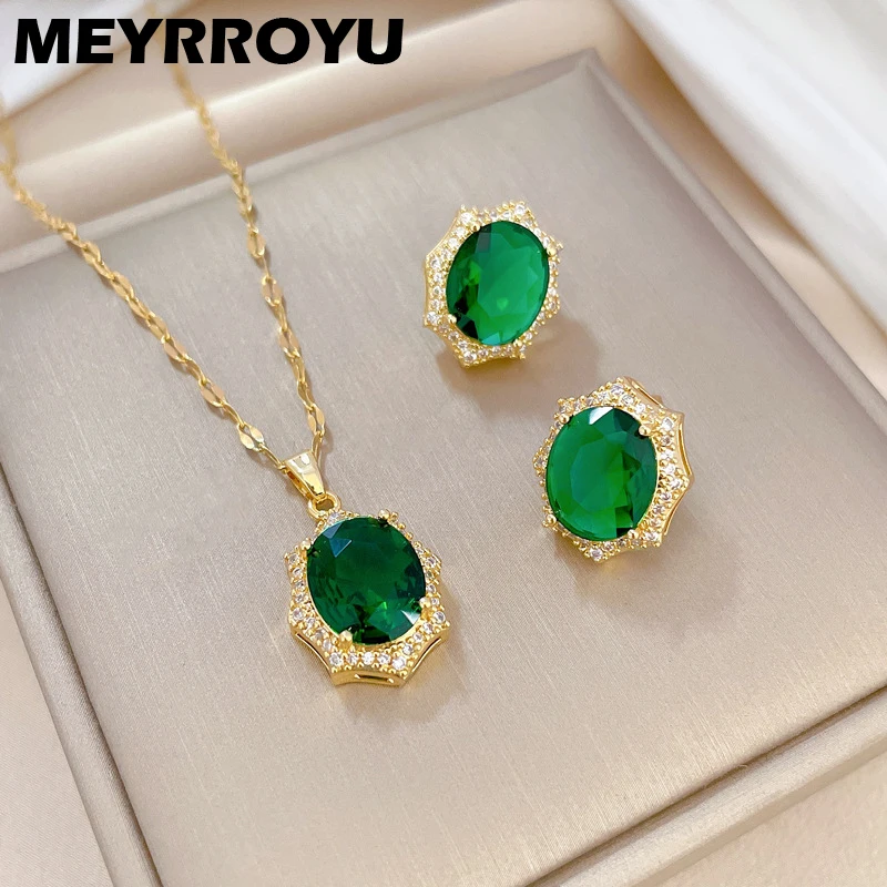 MEYRROYU 316L Stainless Steel Jewelry Set Green Zircon Vintage Necklace Stud Earrings For Women New Arrival Gifts Accessories
MEYRROYU 316L Stainless Steel Jewelry Set Green Zircon Vintage Necklace Stud Earrings For Women New Arrival Gifts Accessories
