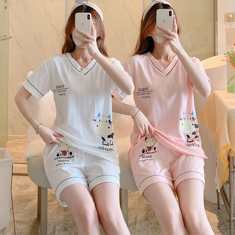 2022 New Summer Cotton Short Sleeve V-neck Pajama Sets for Women Cute Cartoon Cow Sleepwear Pyjama Homewear Pijama Mujer Clothes
2022 New Summer Cotton Short Sleeve V-neck Pajama Sets for Women Cute Cartoon Cow Sleepwear Pyjama Homewear Pijama Mujer Clothes