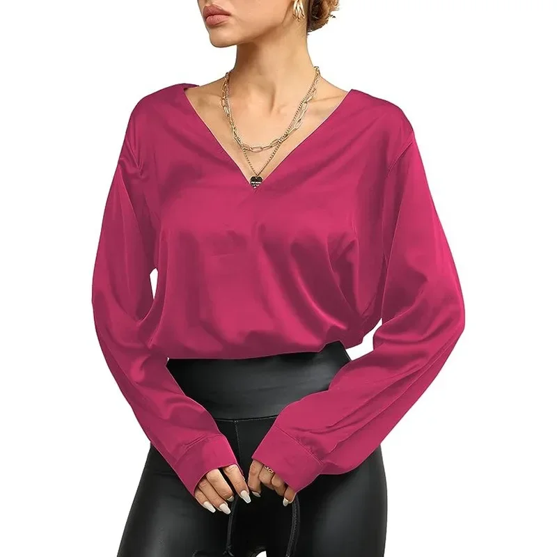 Autumn V-neck Pullover Satin Shirts Fashion Women Casual Loose Silk Blouse Long Sleeve Solid Ladies Tops Elegant Blusas 29565 
Autumn V-neck Pullover Satin Shirts Fashion Women Casual Loose Silk Blouse Long Sleeve Solid Ladies Tops Elegant Blusas 29565
