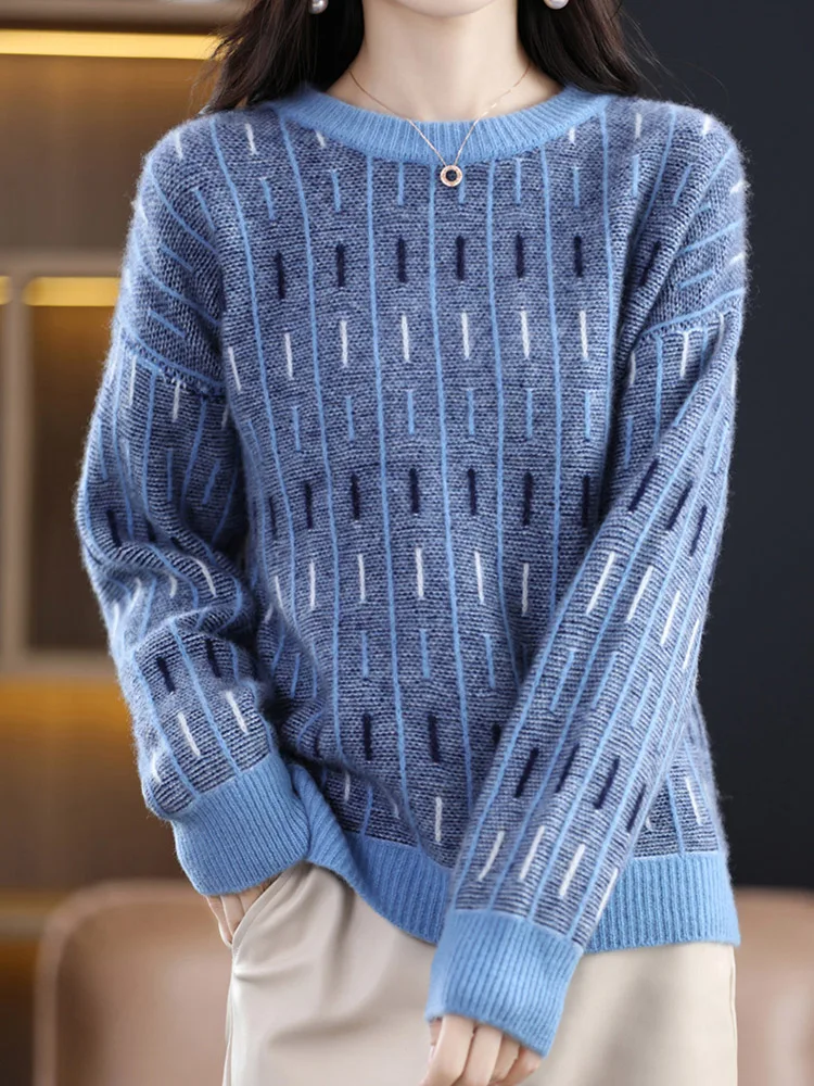 

Женский жаккардовый пуловер BOBOKATEER, трикотажный джемпер с контрастной отделкой и круглым вырезом, зимний свитер, 2023