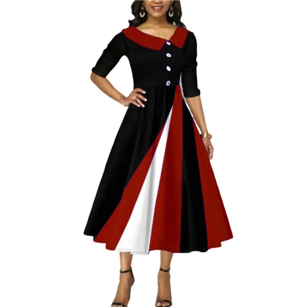 Lapel Scarf Collar Half Sleeve Buttons Decor Waist Tight Women Dress Autumn Winter Elegant Geometric Contrast Color A-Line Midi
Lapel Scarf Collar Half Sleeve Buttons Decor Waist Tight Women Dress Autumn Winter Elegant Geometric Contrast Color A-Line Midi
