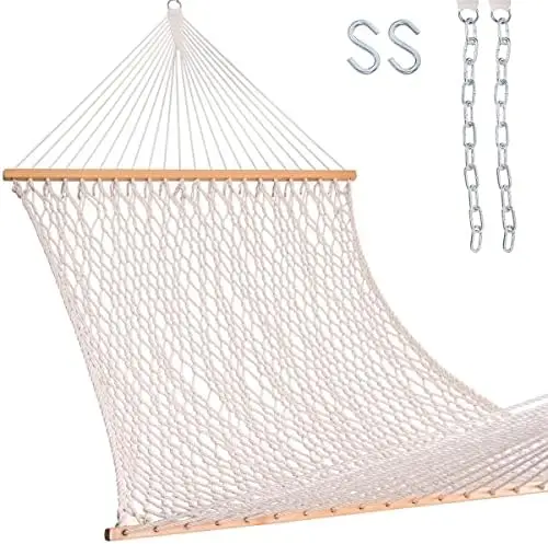 

Daze 13FT Double Rope Hammocks, Traditional Hand Woven Cotton Hammock with Hardwood Spreader Bar for Outdoor, Indoor, , Yard, Po