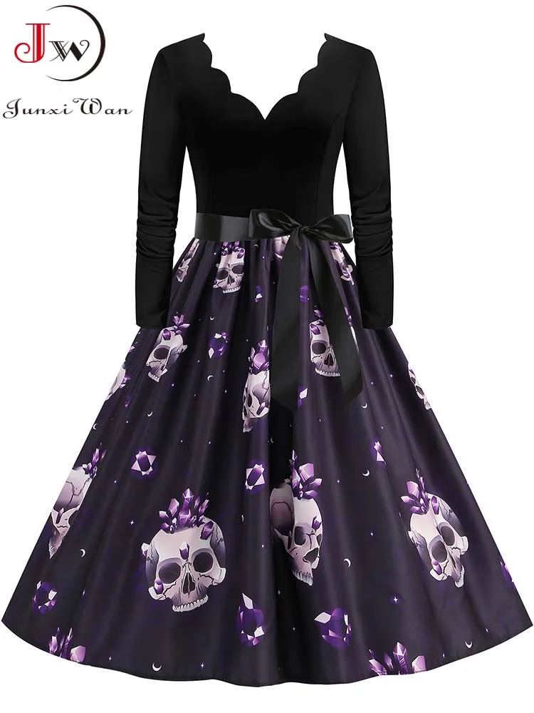 Женское платье на Хэллоуин с принтом черепа, элегантное винтажное вечернее вечерние с длинным рукавом 50s, костюмы на выпускной, косплей