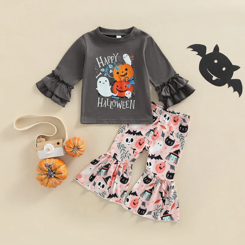 Little Girls 2Pcs Outfits Clothes Halloween Pumpkin Ghost Letter Print Long Sleeve Round Neck Tops Elastic Waist Flared Trousers
Little Girls 2Pcs Outfits Clothes Halloween Pumpkin Ghost Letter Print Long Sleeve Round Neck Tops Elastic Waist Flared Trousers