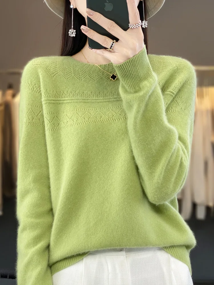 

Женский осенне-зимний свитер, пуловеры из 100% мериносовой шерсти с круглым вырезом и длинными рукавами, Женская Повседневная кашемировая трикотажная одежда, корейская мода