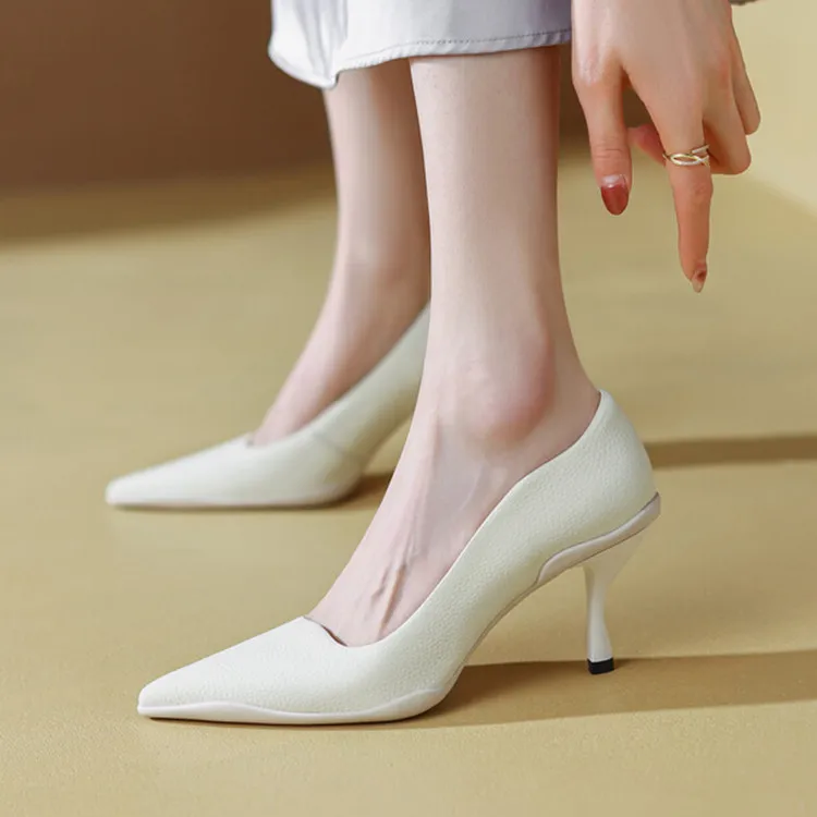 

New Fashion2022 Spring White Leather Women Pumps Pointed Toe Rubber 7.5cm Thin High Heels Green Prom Shoes Black Work Sapatos