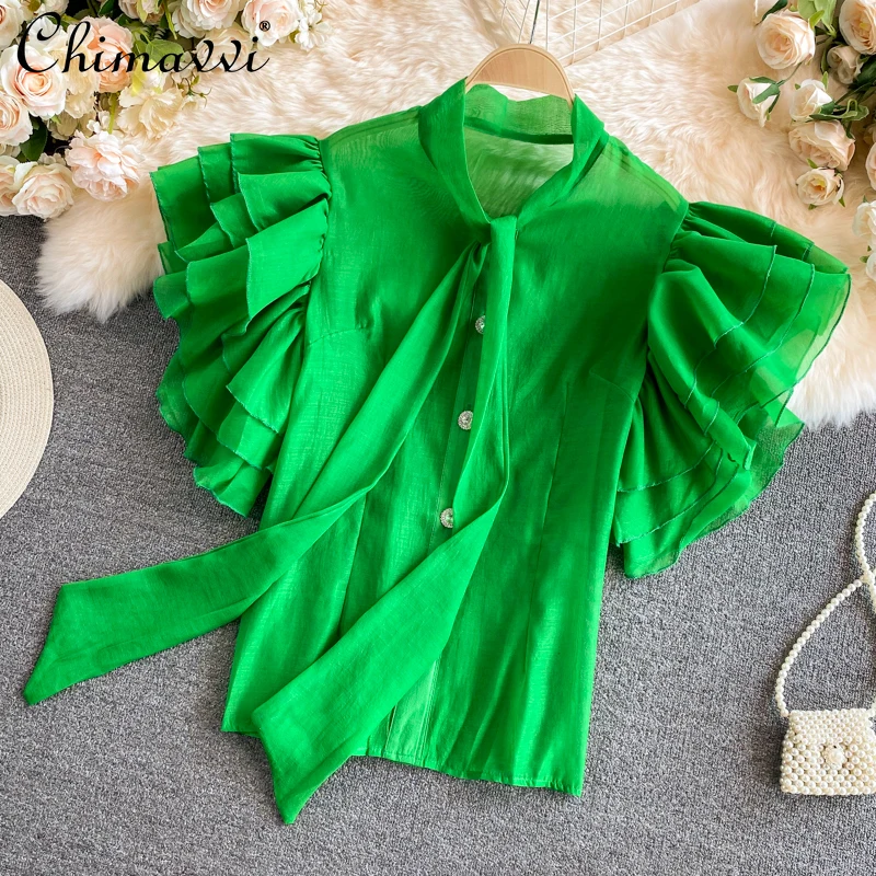 Female Elegant Vintage Court Style Sweet Bow Lace-up Shirt Women's 2022 Summer New Fashion Ruffle Sleeve Stitching Blouses Top
Female Elegant Vintage Court Style Sweet Bow Lace-up Shirt Women's 2022 Summer New Fashion Ruffle Sleeve Stitching Blouses Top