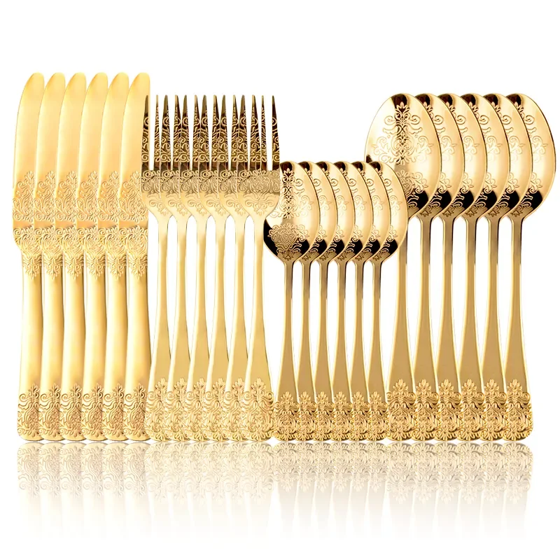 24Pcs Golden European Cutlery Sets,Luxury Retro Western Flatware Set,Serving for 6,Includes Spoons, Forks,Knifes,Dishwasher Safe
24Pcs Golden European Cutlery Sets,Luxury Retro Western Flatware Set,Serving for 6,Includes Spoons, Forks,Knifes,Dishwasher Safe