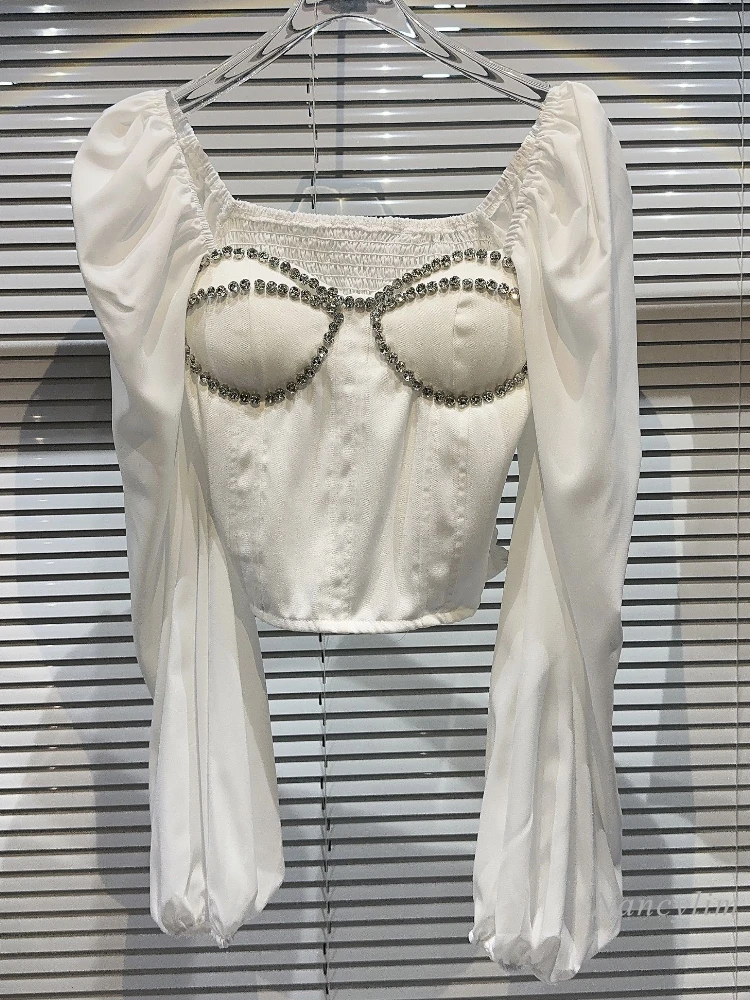 2023 Autumn Y2k Shirts Women New Rhinestone Beaded Princess Sleeves Thread Waist Blouses Sexy Top Femme White Black
2023 Autumn Y2k Shirts Women New Rhinestone Beaded Princess Sleeves Thread Waist Blouses Sexy Top Femme White Black