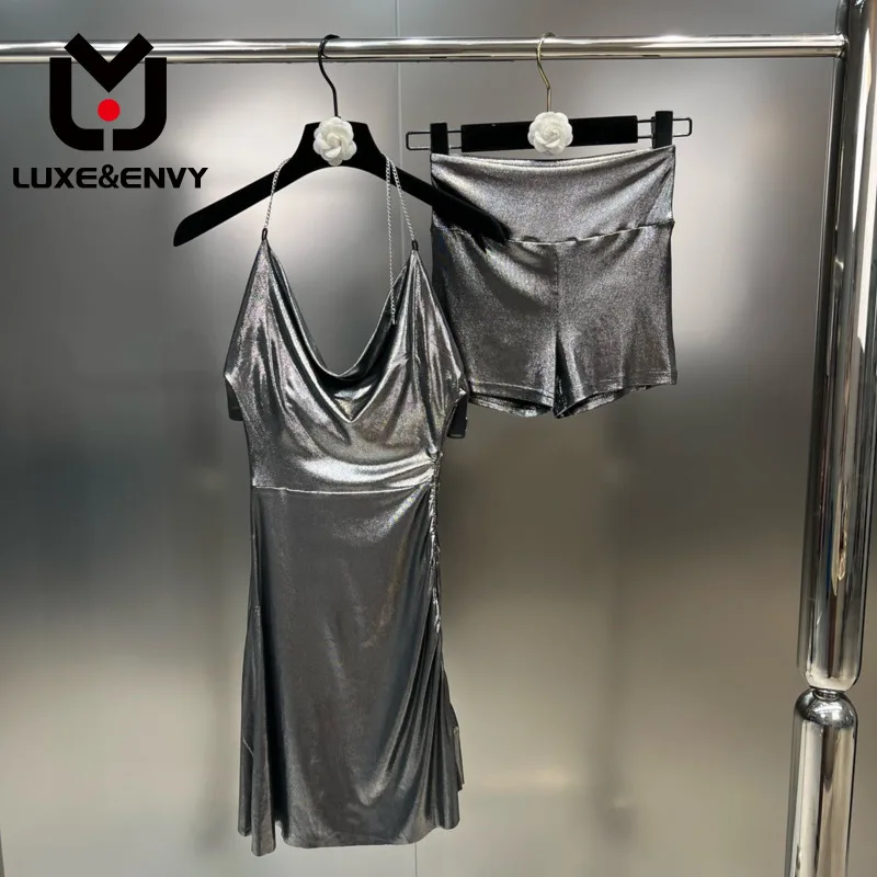 

LUXE&ENVY 2023 Summer New V Neck Sleeveless Silver Banquet Dress + High Waist Shorts All-match Two-piece Sets Women WZ2620