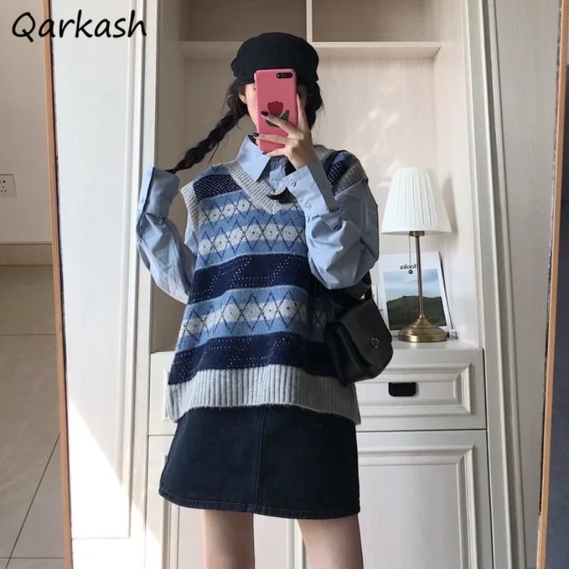 

Argyle Sweater Vests Women Sleeveless Baggy Harajuku Preppy Korean Style Panelled Casual Knitwear Aesthetic Жилетка Женская New