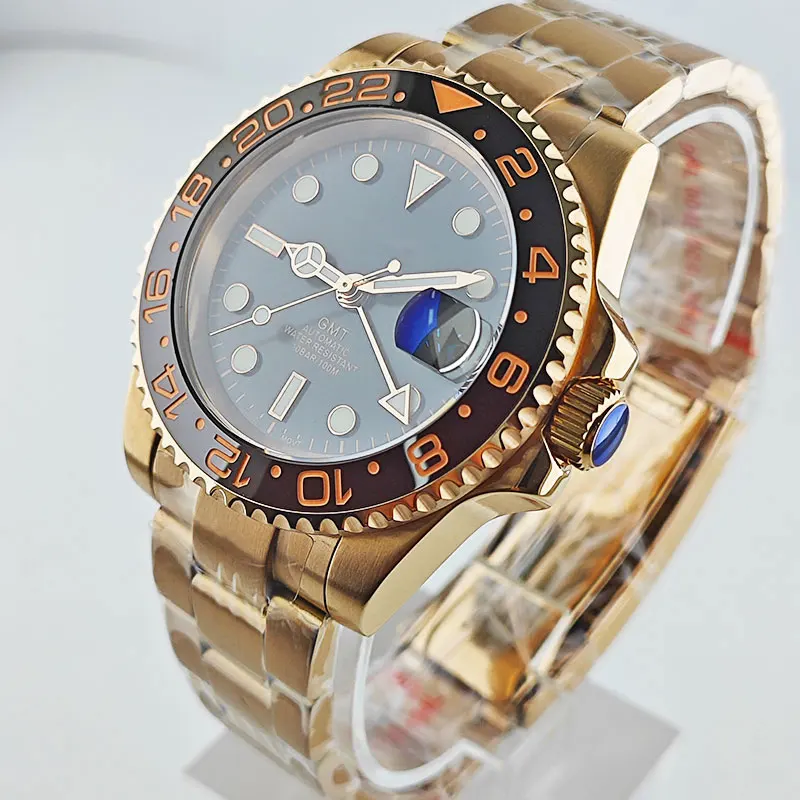 

40mm Rose gold GMT Watch Case Ceramic Bezel Sapphire Glass Fit NH34 Movement 316L Stainless Steel Men's automatic watch parts