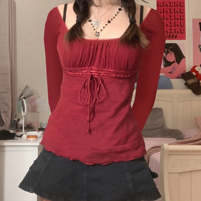 Женские кружевные топы с открытыми плечами, футболка в Корейском стиле с кулиской, новинка 2000 
Женские кружевные топы с открытыми плечами, футболка в Корейском стиле с кулиской, новинка 2000