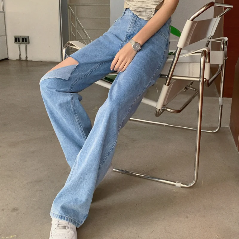 

Женские прямые джинсовые брюки, повседневные свободные брюки в уличном стиле, классические новые рваные джинсы с высокой талией и дырками, женские голубые джинсовые брюки с эффектом потертости
