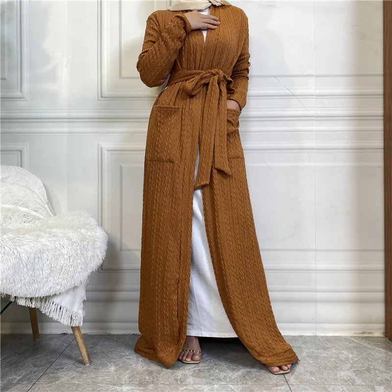 

2022 Autumn Winter Knit Elegant Turkey Open Abaya Kaftan Muslim Dresses Women Long Kimono Dress Robe Belted Dubai Middle East