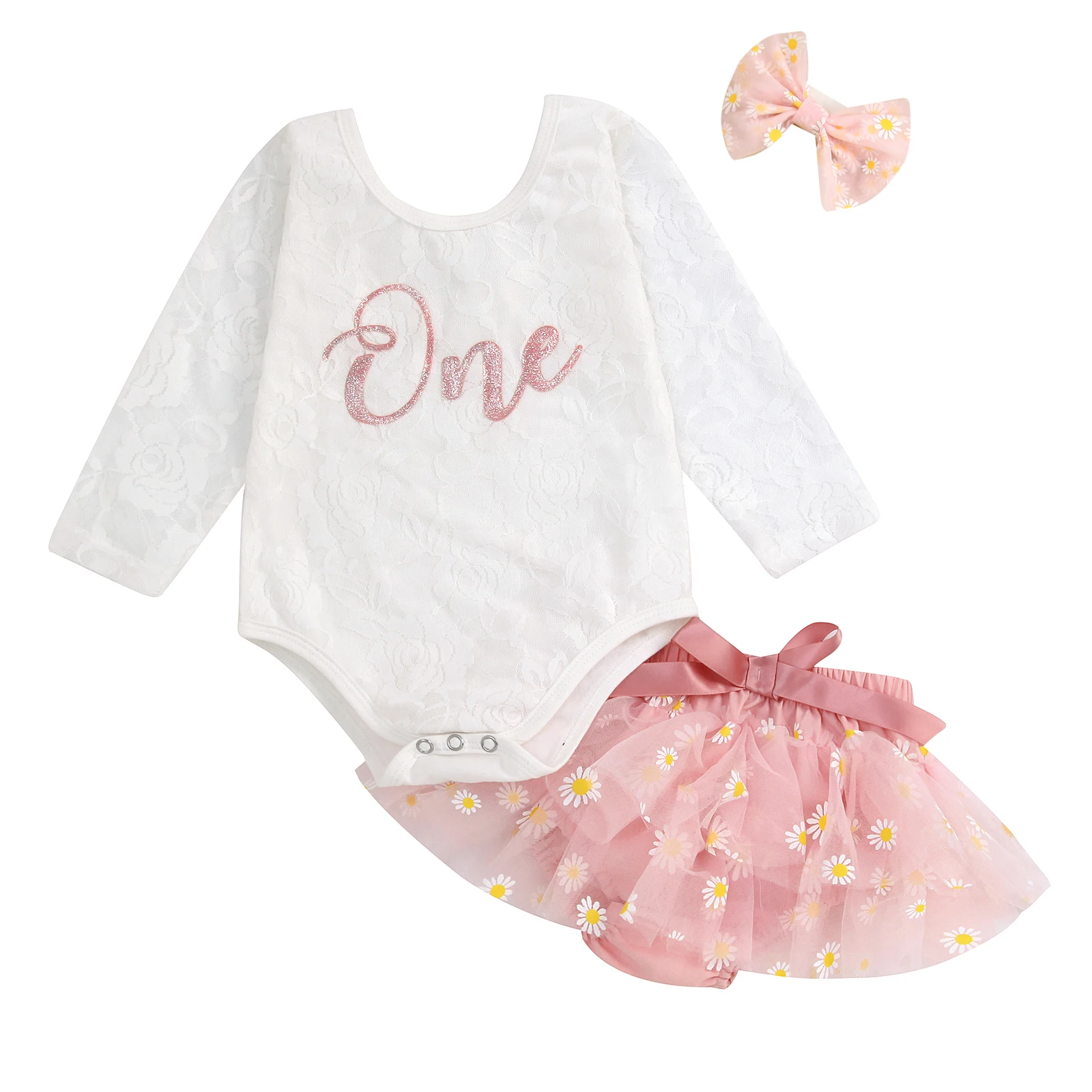 Newborn Girl 3Pcs Outfits, Long Sleeve Letter Print Round Neck Romper + Stitching Daisy Pattern Skirt Shorts + Bow Hairband
Newborn Girl 3Pcs Outfits, Long Sleeve Letter Print Round Neck Romper + Stitching Daisy Pattern Skirt Shorts + Bow Hairband
