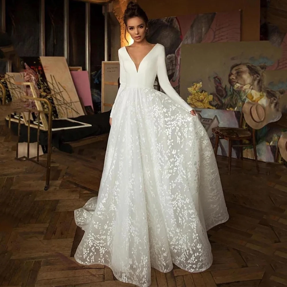 Simple Satin Tulle A-Line Wedding Dress Sexy Deep V-Neck and Backless Full Sleeve Bride Gowns Sweep Train For Women Vestido
Simple Satin Tulle A-Line Wedding Dress Sexy Deep V-Neck and Backless Full Sleeve Bride Gowns Sweep Train For Women Vestido