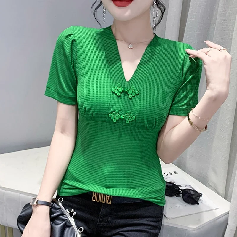 New Black Green Blue Puff Sleeve T Shirt Women V-neck Buttons Sexy Chinese Style Vintage Skinny Women's T-shirt Slim Summer
New Black Green Blue Puff Sleeve T Shirt Women V-neck Buttons Sexy Chinese Style Vintage Skinny Women's T-shirt Slim Summer