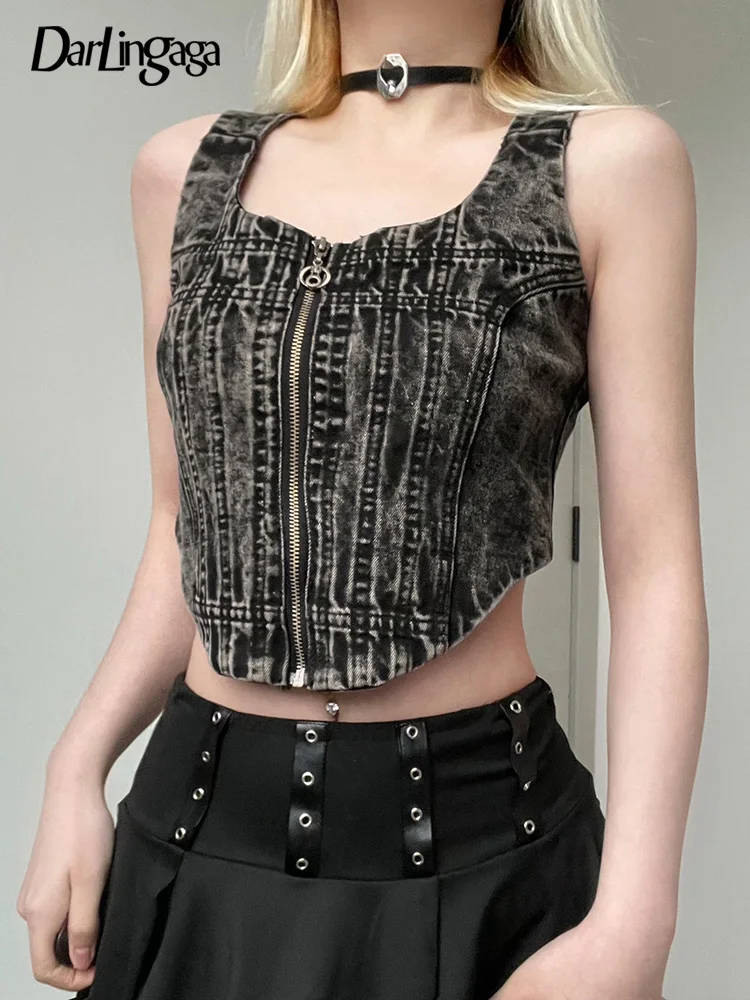 Darlingaga Streetwear Grunge Zipper Denim Top Short Gothic Retro Sleeveless Summer Crop Top Women Y2K Clothes Corset Tee Cropped
Darlingaga Streetwear Grunge Zipper Denim Top Short Gothic Retro Sleeveless Summer Crop Top Women Y2K Clothes Corset Tee Cropped
