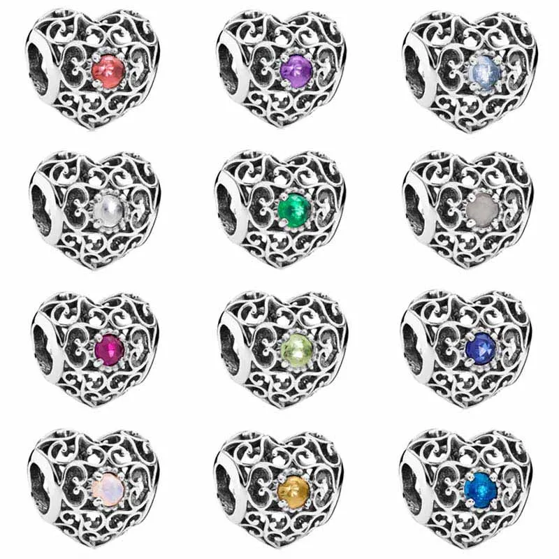 

Fashion Openwork Month Signature Heart Birthstone With Crystal Charm 925 Sterling Silver Beads Fit Bracelet Bangle DIY Jewelry