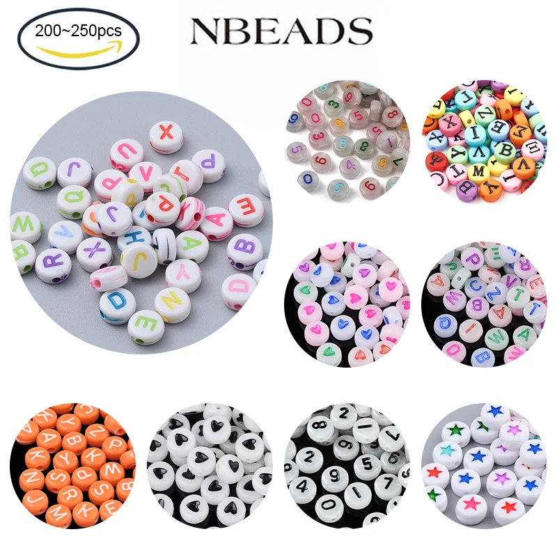 

200-250PC 7mm Glow in The Charm Bead Luminous Alphabet Beads Acrylic Letter Beads Number Star Heart Beads for DIY Bracelet