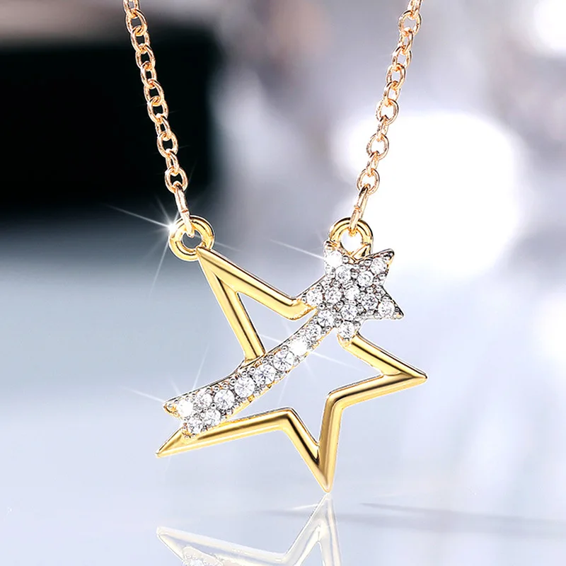 

New Cute Creative Gold Star Pendant Necklaces For Women Shine White CZ Stone Inlay Chains Fashion Jewelry Daily Wear Party Gifts
