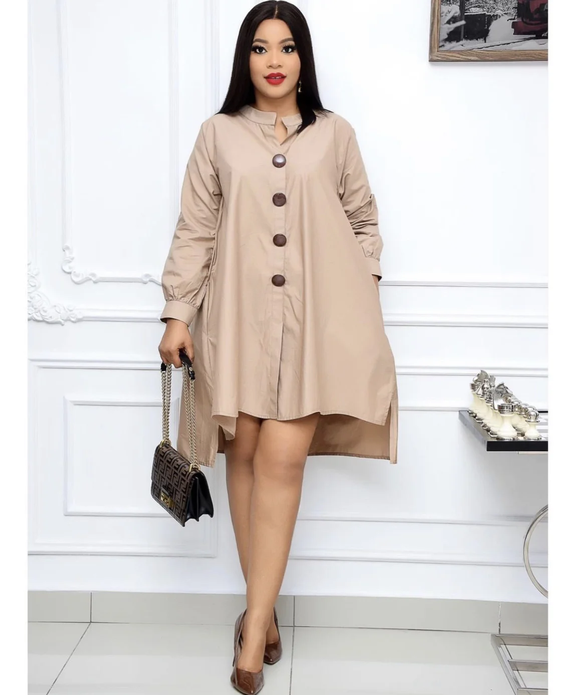 Fashion new big button long sleeve stand collar loose irregular split solid color casual women's A-line dress
Fashion new big button long sleeve stand collar loose irregular split solid color casual women's A-line dress