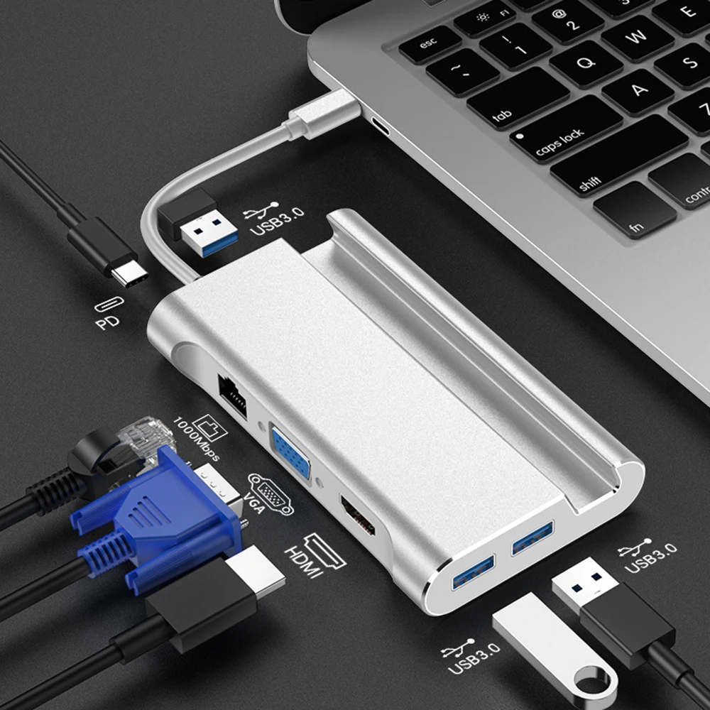 7 In 1 Usb Hub Type-c Extender Hub Type C Splitter RJ45 LAN VGA USB3.0 Pd Charger With Mobile Phone Holder Stand Docking Station
7 In 1 Usb Hub Type-c Extender Hub Type C Splitter RJ45 LAN VGA USB3.0 Pd Charger With Mobile Phone Holder Stand Docking Station