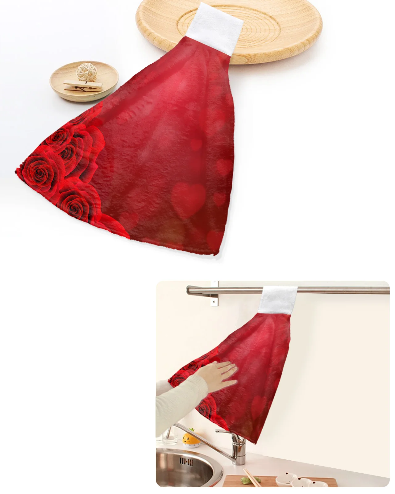 

Valentine's Day Rose Red Flower Heart Hand Towels Home Kitchen Bathroom Hanging Dishcloths Loops Absorbent Custom Wipe Towel
