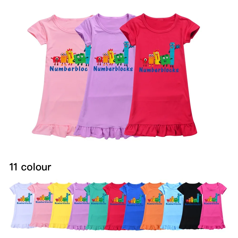 

Number Blocks Girls Dress Summer Cartoon Nightgown Children Clothes Short Sleeve Pajamas Princess Dress Kids Sleepwear