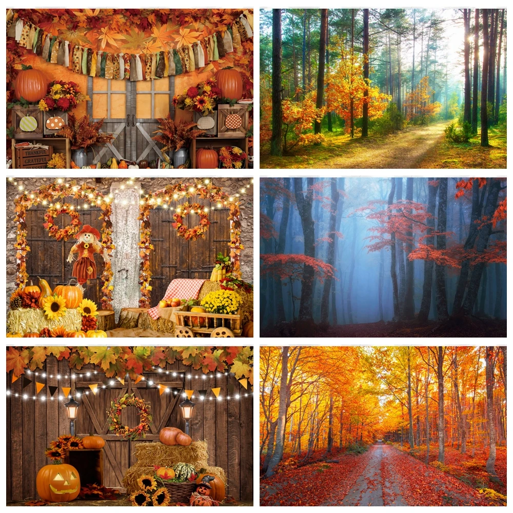 

Thanksgiving Backdrop Fall Forest Maple Pumpkin Harvest Baby Portrait Photography Background Autumn Scenery Farm Barn Haystack