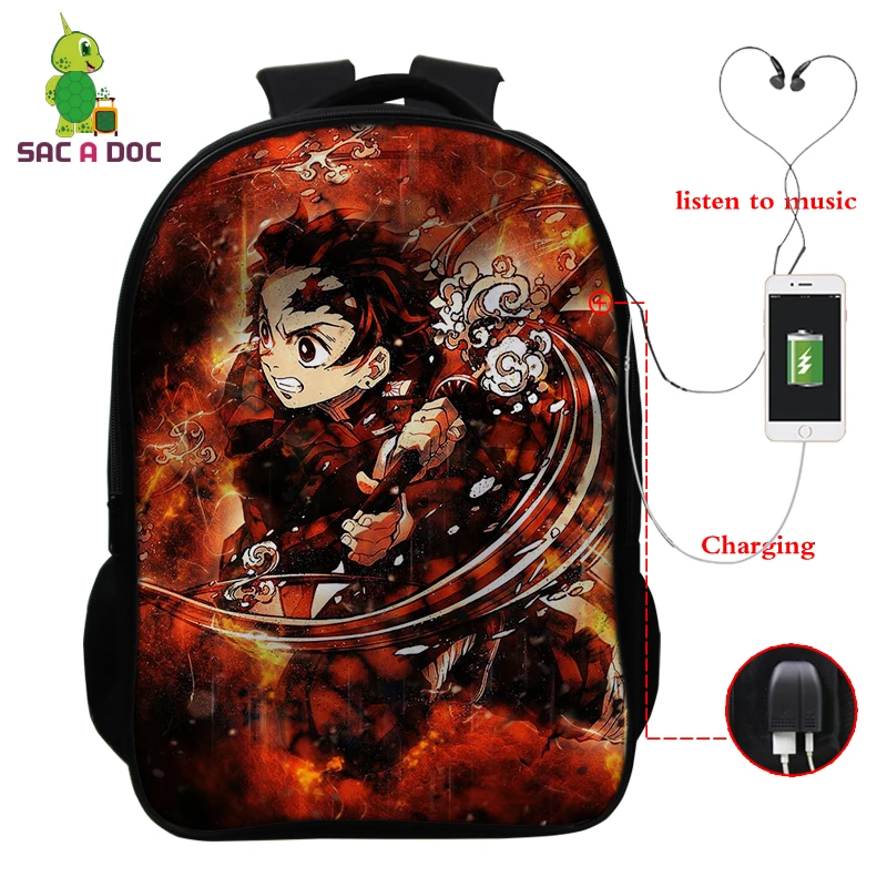 

3D Anime Demon Slayer Mochila Women Men Water Proof Travel Bags Kamado Tanjirou Teen Portable Bookbag Harajuku USB Kids Satchels