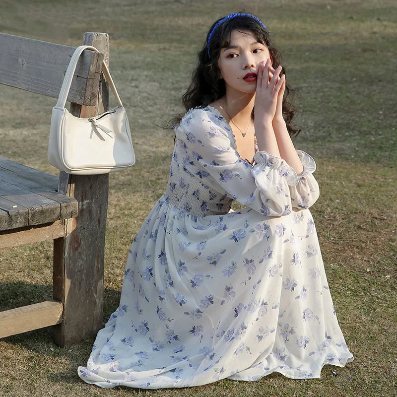 Chiffon Floral Dress Beach Long Sleeve Square Collar Fairy Summer Sweet Elegance Fashion Korean Casual A-line 
Chiffon Floral Dress Beach Long Sleeve Square Collar Fairy Summer Sweet Elegance Fashion Korean Casual A-line