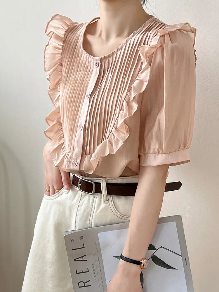 Deible Tree Fungus Short-sleeved Shirt Women's 2022 Summer Sweet Girl Young Style Round Neck Short-sleeved Pleated Blouese F080
Deible Tree Fungus Short-sleeved Shirt Women's 2022 Summer Sweet Girl Young Style Round Neck Short-sleeved Pleated Blouese F080