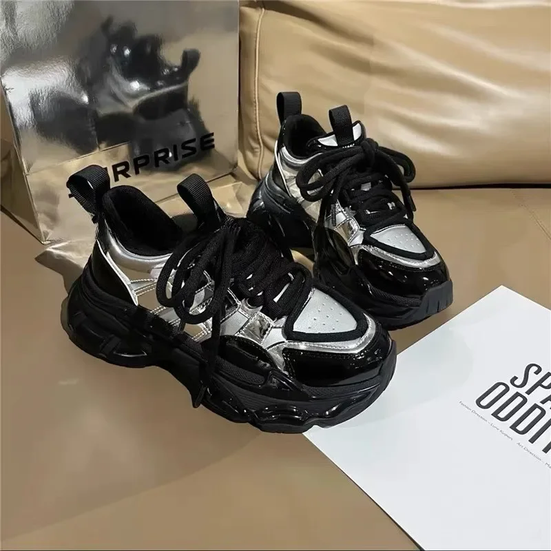 Autumn Lace-up Glitter Black Chunky Sneakers Thick Sole Height Increase Platform Shoes Women Fashion Slip On Ladies Casual
Autumn Lace-up Glitter Black Chunky Sneakers Thick Sole Height Increase Platform Shoes Women Fashion Slip On Ladies Casual