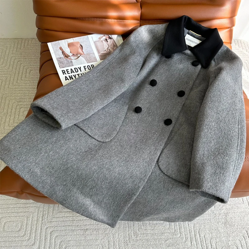 

Женское двубортное шерстяное пальто, черное свободное элегантное пальто с отложным воротником, длинными рукавами и карманами, однотонная в...