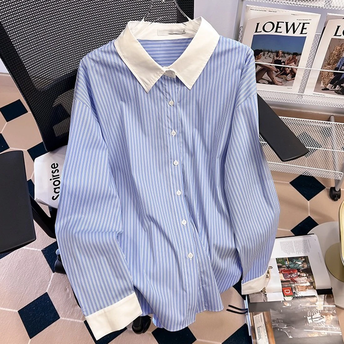 Женская рубашка в стиле ретро, голубая полосатая блузка в стиле пэчворк, осенняя контрастная блузка, 2023
Женская рубашка в стиле ретро, голубая полосатая блузка в стиле пэчворк, осенняя контрастная блузка, 2023