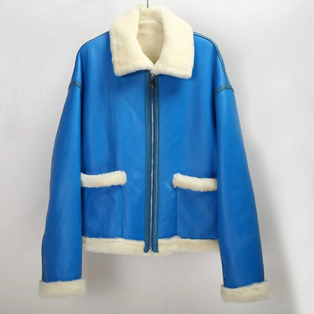 

2023 Женская Сапфировая синяя куртка из овчины с мехом ягненка зимняя облегающая Повседневная синяя шуба из натурального меха