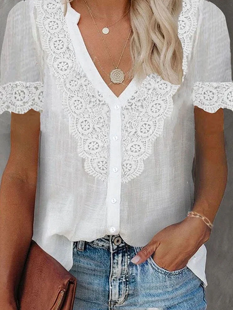 Summer Sexy V-Neck Button Loose Blouses 2022 New Women Casual Office Chic Shirt Ladies Fashion Embroidered Lace Short Sleeve Top
Summer Sexy V-Neck Button Loose Blouses 2022 New Women Casual Office Chic Shirt Ladies Fashion Embroidered Lace Short Sleeve Top