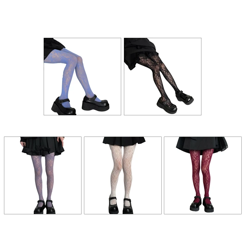 

Women Japanese Lolita Fishnet Pantyhose Gothic Preppy Style Multicolored Floral Lace Patterned Sheer Mesh Tights Stockings T8NB