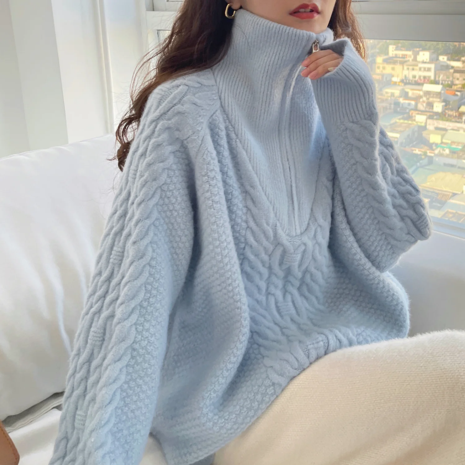 

Zip Knitted Sweaters Women Long Sleeve Solid Loose Pullover Women Winter Clothes Sweater Women Fashion Women's Turtleneck D137